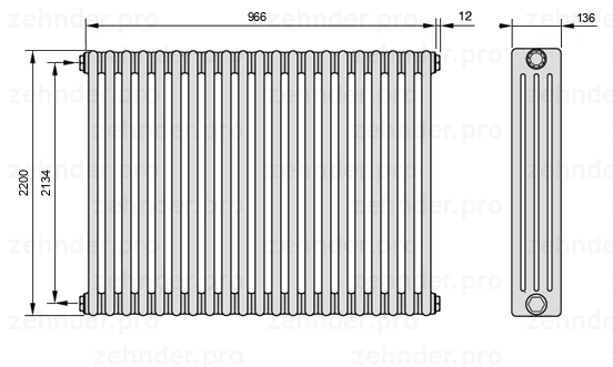 Схема (чертеж) Радиатор Zehnder Charleston 4220/21 №1270 Белый глянцевый RAL 9016